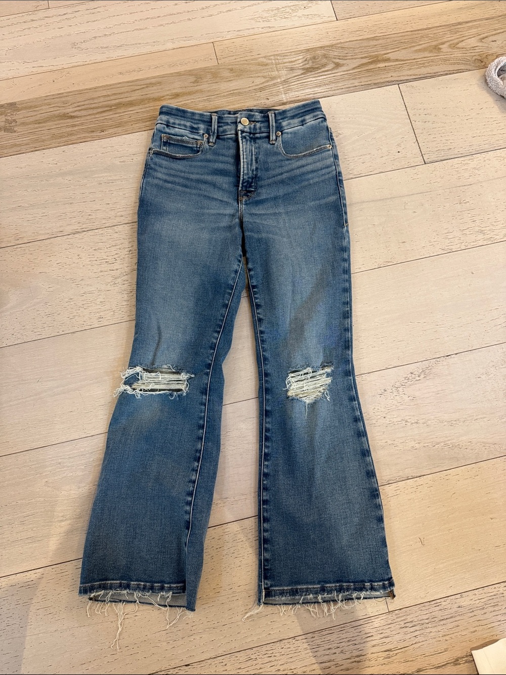 Good American Distressed Medium Blue Flare Jeans